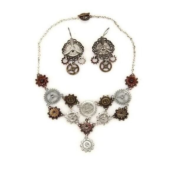New Steampunk Multi Gear Necklace and Earrings Set Propellers and Gears NIP - Picture 1 of 8